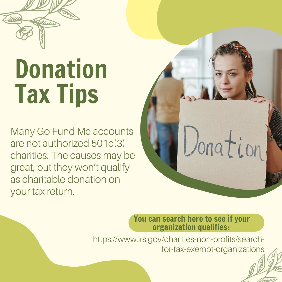 RobergTax's tweet photo. #YearEndTips #TaxTipsDonations Many Go Fund Me accounts are not authorized 501c(3) charities. The causes may be great, but they wonβt qualify as charitable donation on your tax return.
You can search here to see if your organization qualifies: https://t.co/d7YXRsQkbT https://t.co/R7jL4c0aAG