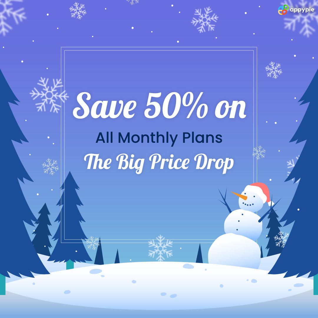 AppyPieInc's tweet photo. Hereβs a Christmas gift for you!
Now you can save 50% on All Monthly Plans on Appy Pie! Isnβt this just amazing? Make the most of this #offer and check out our revolutionary #nocode tools right away! https://t.co/RBMBJ1j8Ar
#nocoding #switchtonocode #mobileapps #website https://t.co/2hgIltPvf5