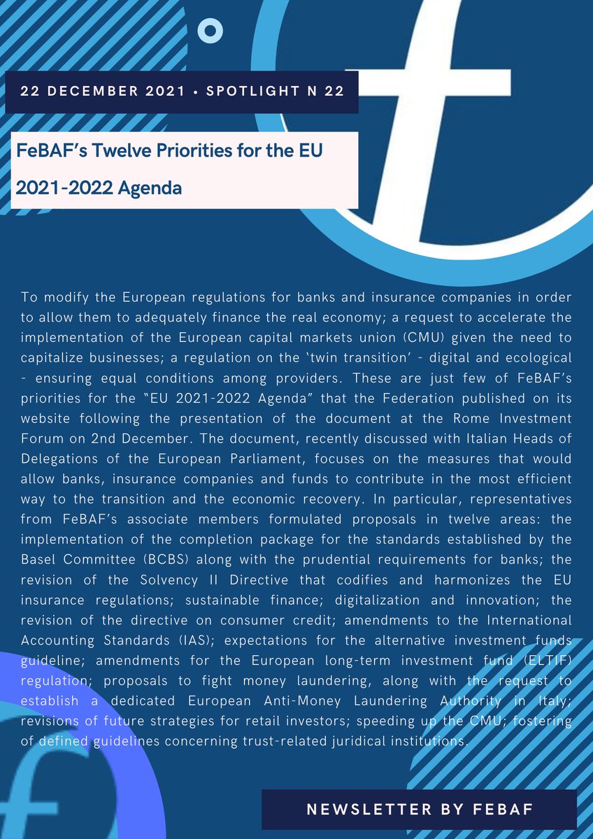 FeBAF's tweet photo. #Bulletin of #ItalianFinance N. 22/2021 - 22nd November 2021
1. #FeBAF's Twelve Priorities for the #EU 2021-2022 #Agenda
2. #Insurers suggest boost to #socialmeasures
3. Year-end focus on #ESG
4. #Italy's #market for #mutualfunds https://t.co/TUcosHaGz2