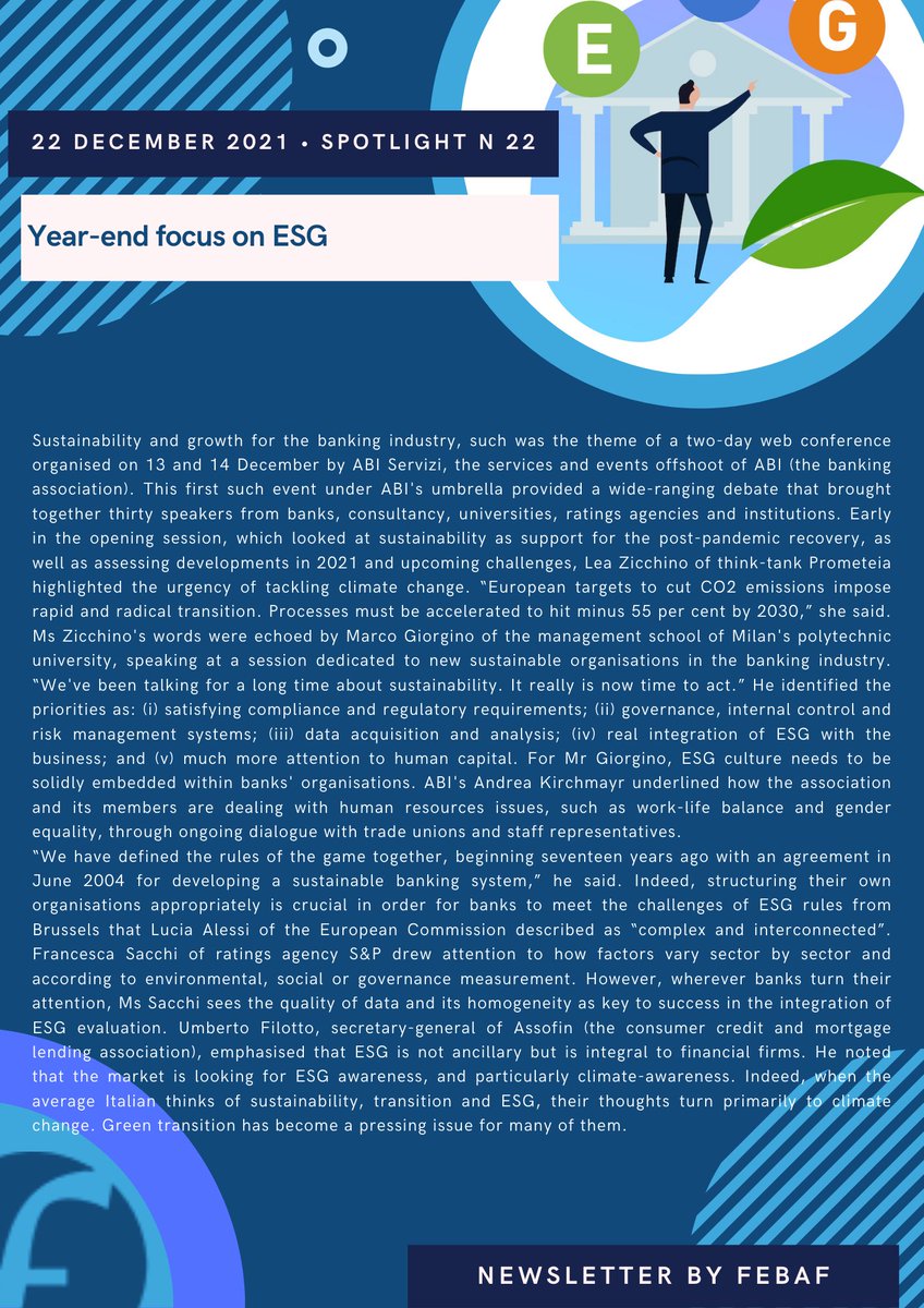 FeBAF's tweet photo. #Bulletin of #ItalianFinance N. 22/2021 - 22nd November 2021
1. #FeBAF's Twelve Priorities for the #EU 2021-2022 #Agenda
2. #Insurers suggest boost to #socialmeasures
3. Year-end focus on #ESG
4. #Italy's #market for #mutualfunds https://t.co/TUcosHaGz2