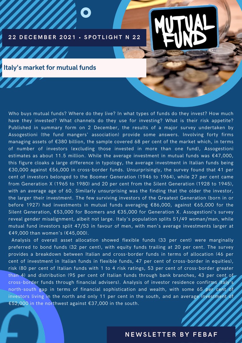 FeBAF's tweet photo. #Bulletin of #ItalianFinance N. 22/2021 - 22nd November 2021
1. #FeBAF's Twelve Priorities for the #EU 2021-2022 #Agenda
2. #Insurers suggest boost to #socialmeasures
3. Year-end focus on #ESG
4. #Italy's #market for #mutualfunds https://t.co/TUcosHaGz2