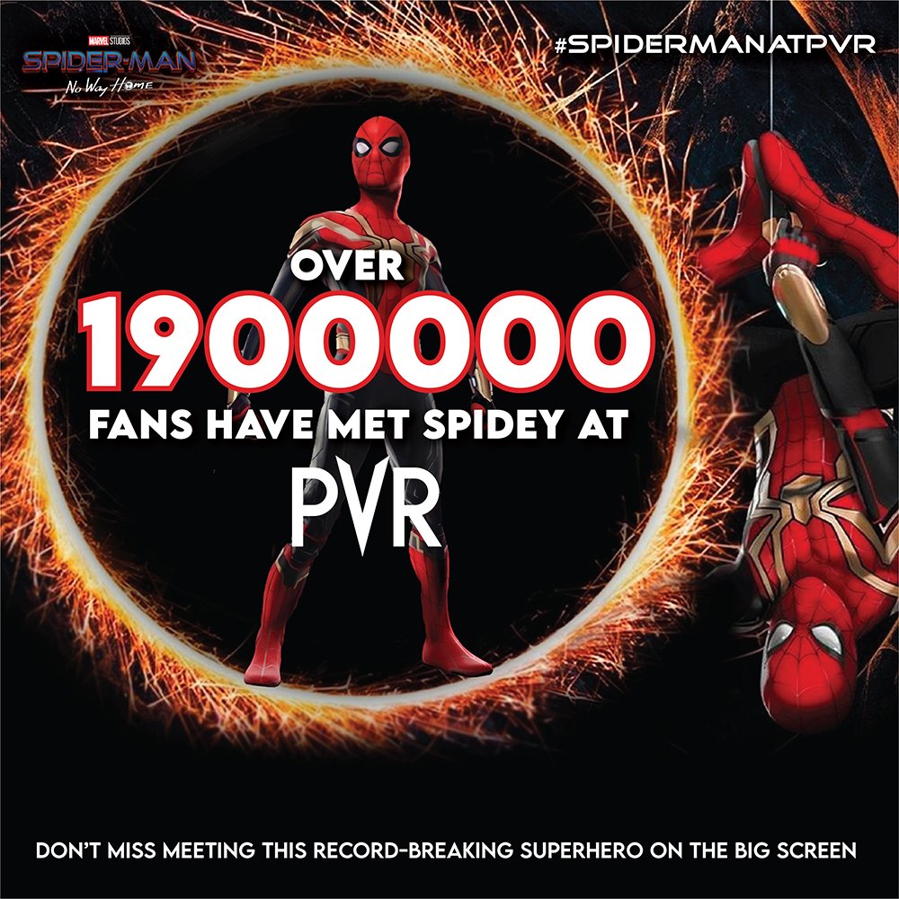 _PVRCinemas's tweet photo. The news could not be any better! Spiderman: No Way Home made its way to so many hearts in so little time! 

Thank you all for your overwhelmingly positive response!

#pvr #pvrcinemas #spideyfever #exciting #marvelstudios #marvellover #SonyPicturesEntertainment #spidermanAtPVR https://t.co/bNH1ivqwbj