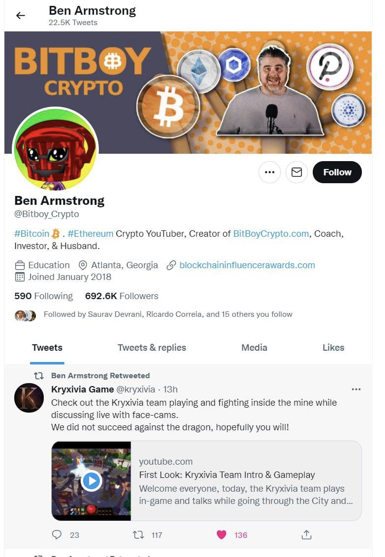 0xAltKing's tweet photo. Wow 🤩@Bitboy_Crypto retweeted @Kryxivia post🔥

An amazing game that is fully deployed and live on #Bsc network playing

And #NFTs from Kryxivia Game will be minted via this smart contract: https://t.co/sTqmRnN9XP…

Watch the video below for more info 

https://t.co/MoBEn7xc2R https://t.co/gosIB64Q3n