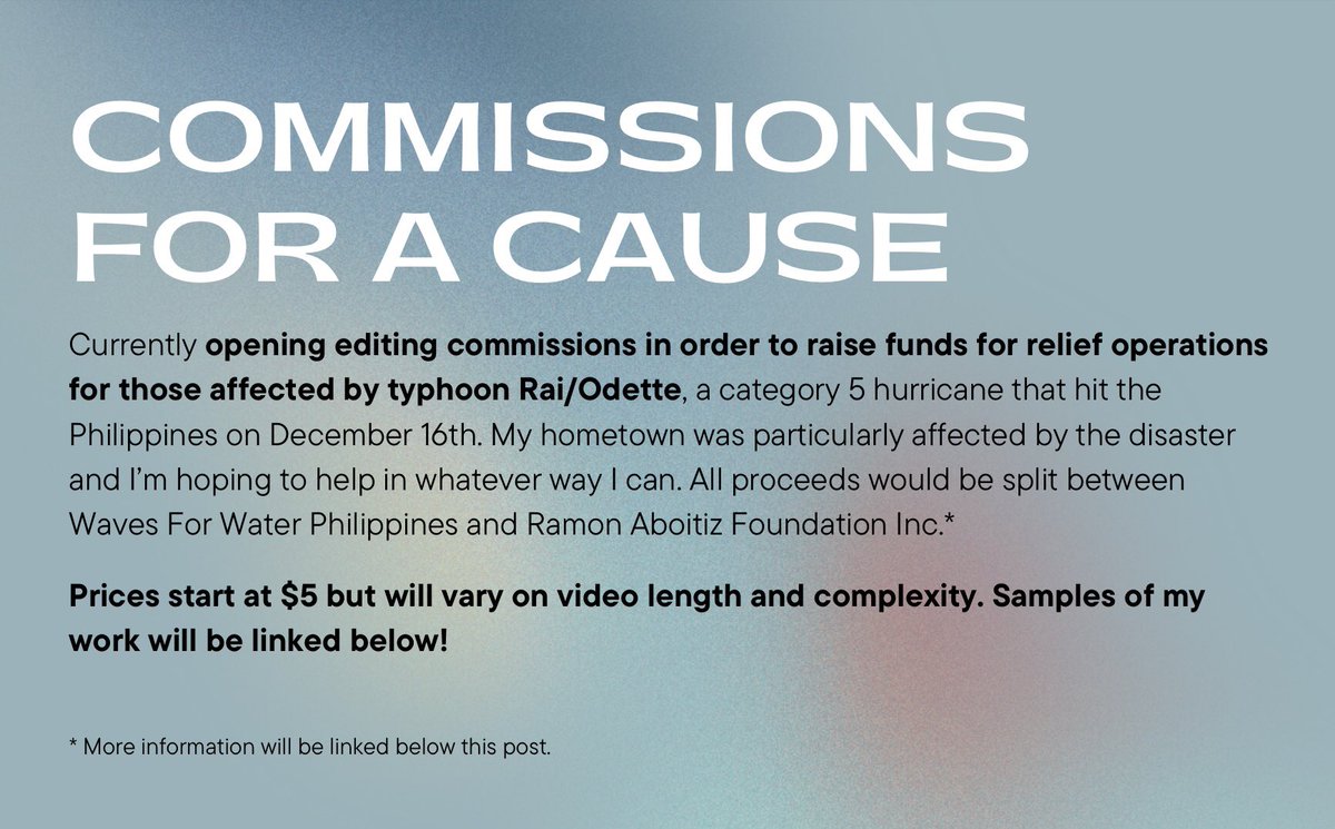 gohjous's tweet photo. [ rts are appreciated! ] 

hi stantwt! i will be opening editing comms for the first time :)) all of the proceeds will go to relief aid for the victims of typhoon odette/rai that hit the philippines last week 

feel free to dm me for more details!

#commissionsopen #OdettePH https://t.co/Sftm0MuvoN