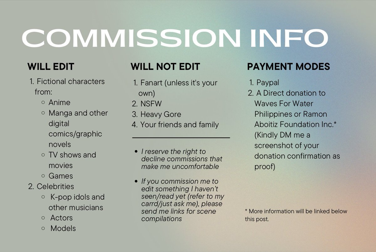 gohjous's tweet photo. [ rts are appreciated! ] 

hi stantwt! i will be opening editing comms for the first time :)) all of the proceeds will go to relief aid for the victims of typhoon odette/rai that hit the philippines last week 

feel free to dm me for more details!

#commissionsopen #OdettePH https://t.co/Sftm0MuvoN