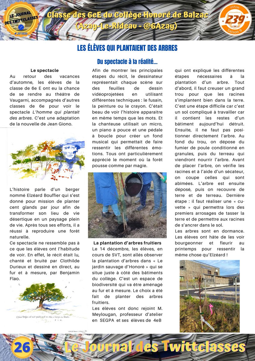 #UnArticleDuJdT
Pour cette 16e découverte, nous vous proposons de lire l'article réalisé par les élèves de 6e de <a href="/6Azay/">6AzayLR</a> (#AzayLeRideau) dans le Journal des TwittClasses. #JdT2022
Il parle de l'Homme qui plantait des arbres et se trouve en page 26 du journal.
Bonne lecture !