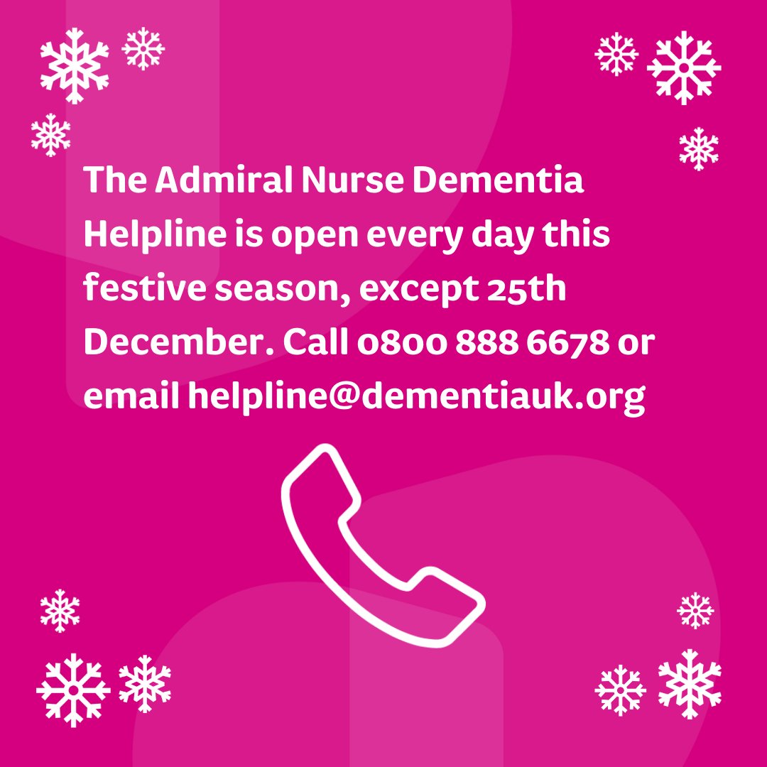If you have a question or concern around #dementia, or are looking for emotional support, you can speak to an Admiral Nurse this festive season. 🎄 Our #Helpline is open every day, except 25th December, and virtual appointments are available to book: dementiauk.org/get-support/ho… 📞