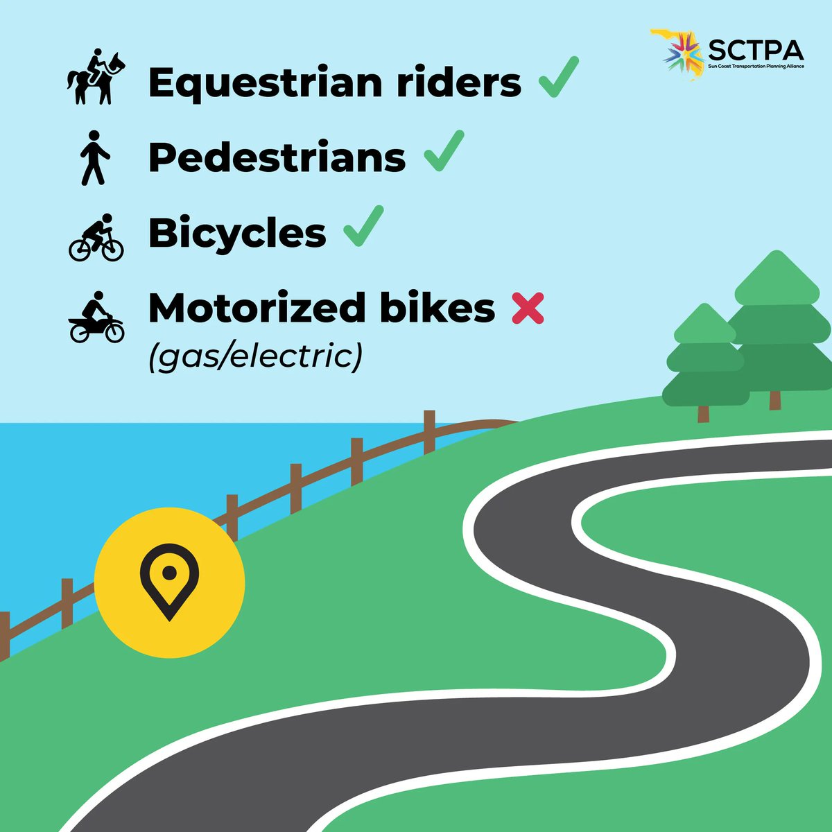 suncoasttpa's tweet photo. State trails provide opportunities for non‐motorized modes of recreation. No matter what your mode of transportation, remember, #SafetyFirst. #HappyHolidays! For more information, visit https://t.co/y7qobDIjfP https://t.co/vy73Qt7XYC