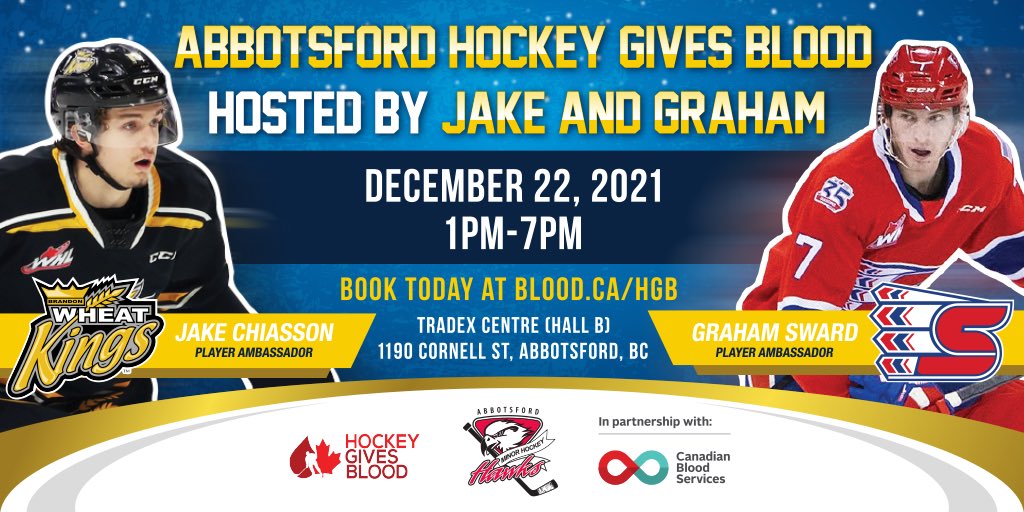 hkygivesblood's tweet photo. Today is the day to save a life! 
Jake and Graham’s Holiday Blood Drive in #Abbotsford starts at 1pm. 
@jakechiasson19 @Graham_Sward03
Just a couple spots left. 
Book here ➡️: https://t.co/V1Lz5L4syg https://t.co/CXPXLl7J0i