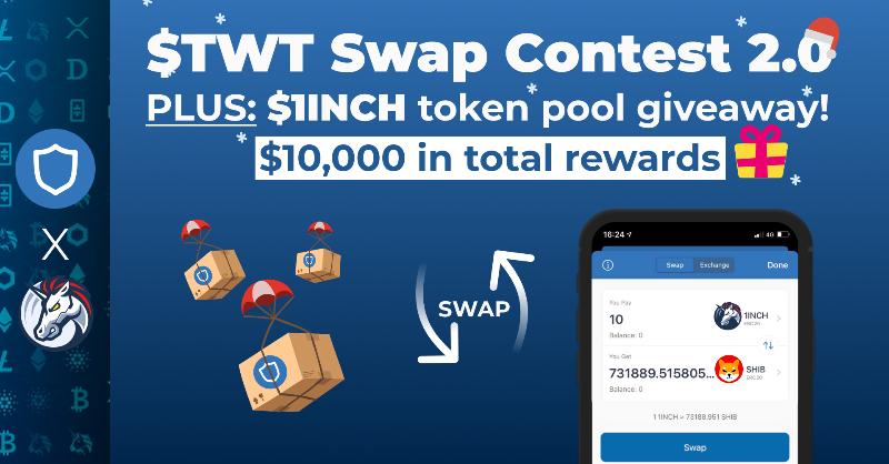 TrustWallet's tweet photo. Missed out on the first $TWT swap contest? 
Well... Here's Contest 2.0! 🎁🎅
 
Plus... we're giving our top-swappers a share of a $5,000 $1INCH token pool!
 
Rules:
💙 Like &amp; RT
💙 Swap on Trust Wallet's DEx
💙 Follow @1inch &amp; @TrustWallet
💙 Add your TrustWallet $1INCH address👇
