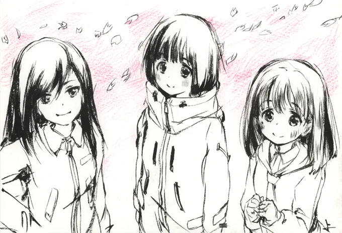 アニメ #スーパーカブ 第11話を見たあとに描いた絵。(コミケ原稿終わったけど最後話まで再掲)

最後のシーンで3人が空をみあげてるとこ。 