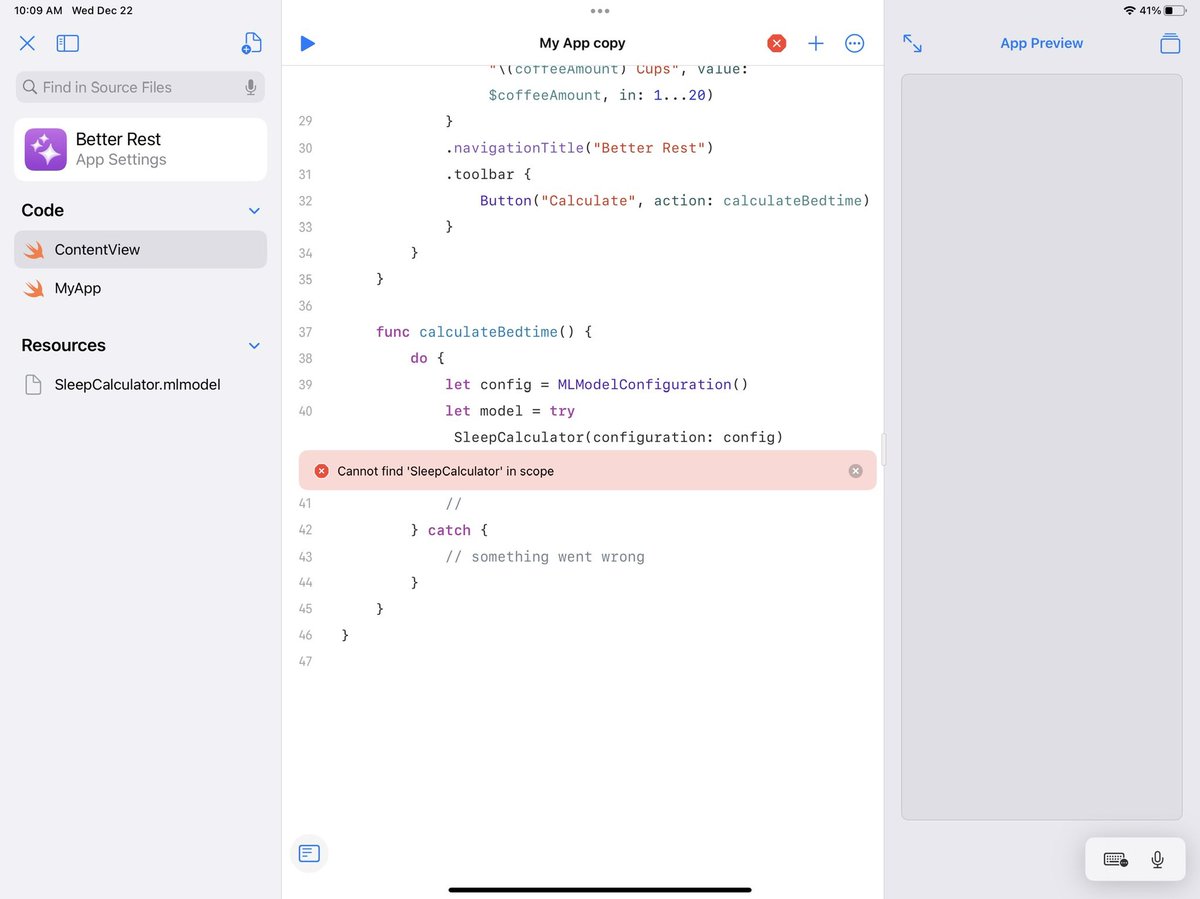 faber_plus's tweet image. Day 27 #100DaysOfSwiftUI trying to use #SwiftPlaygrounds4

Importing the CoreML file to Resources for the project, but the Content View “Cannot find ‘SleepCalculator’ in scope”

Also tried removing the .mlmodel extension but that breaks things differently

Thoughts?

@twostraws ?