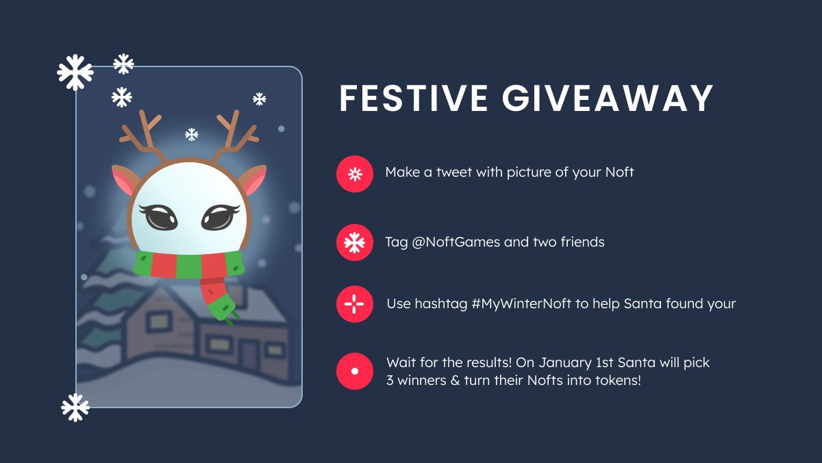 NoftGames's tweet photo. 🤩Are you ready for the festive #GIVEAWAY?🤩

☃️Create your own Noft
🎄Share it on Twitter
🎁Become 1 of the 3 lucky winners whose character will turn into an actual #nonfungible #token!

Make your #NFT &amp; find all the details about our #NFTgiveaway here: https://t.co/HdMGqdGy82 https://t.co/nnN4jx7ea0