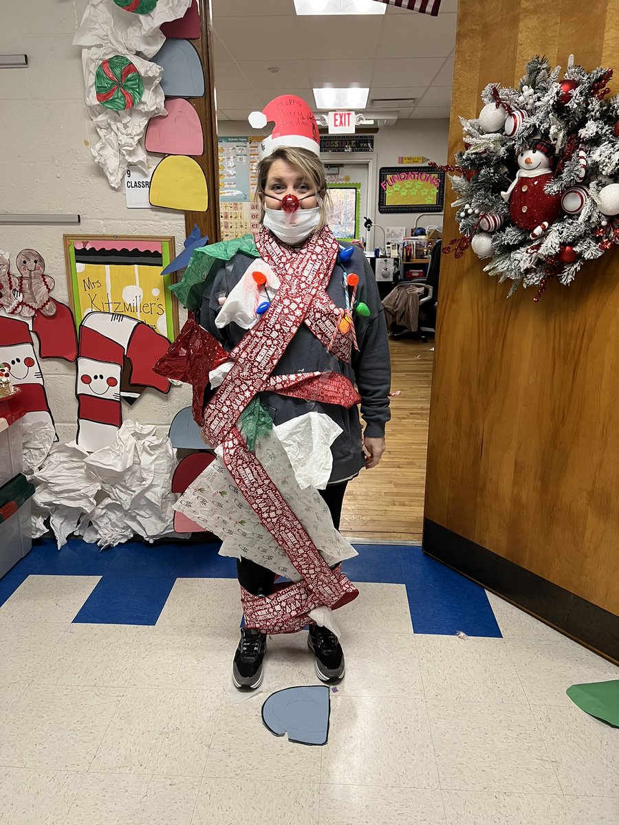 MESWV's tweet photo. Morning announcement: students had 8 min to decorate their teacher like a Christmas tree using items found in the classroom. I don’t know who was more shocked, the students or the teacher! 1st place- Mrs. Evans. 2nd place- Mrs. Mongold. 3rd place- Mrs. Kitzmiller Merry Christmas! https://t.co/ykUMbZKrDT