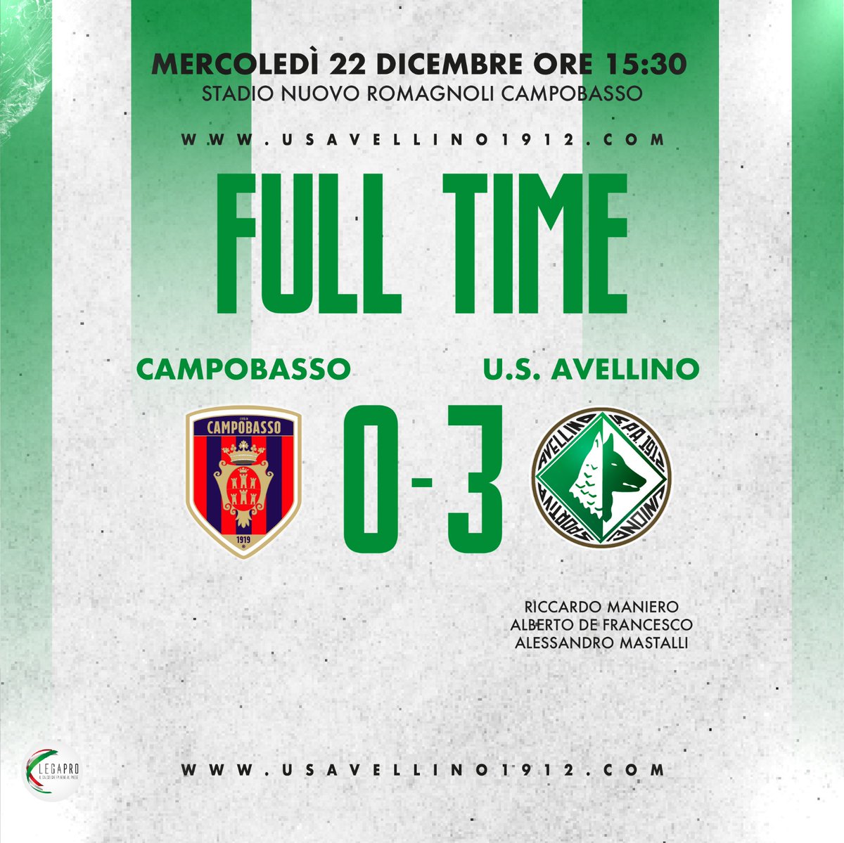 usavellino1912_'s tweet photo. ⚽ - FULL TIME - ⚽
Campobasso 🆚 Avellino
0️⃣ - 3️⃣
⚽️ Maniero
⚽️ De Francesco 
⚽️ Mastalli

#UsAvellino1912
#staywithus https://t.co/Aqj2OCegmK