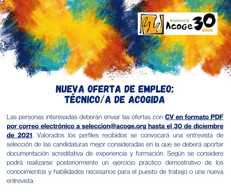 andaluciaacoge's tweet photo. ℹ️¡Nueva oferta de #empleo en la Federación!

➡️Si estás interesadx, envía tu CV en formato PDF a la dirección de correo electrónico que aparece en el cartel hasta el próximo jueves 30 de diciembre.

👉Todos los detalles en nuestra web: https://t.co/N9Gl0Mhuvb

#AndalucíaAcoge https://t.co/Ug6e7Vc63n