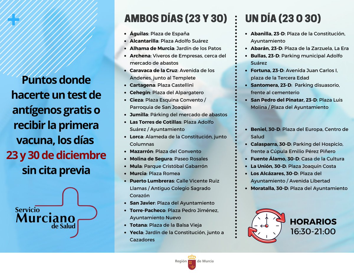 regiondemurcia's tweet photo. ✅ Puntos móviles de vacunación mayores de 12 años y pruebas COVID en diferentes municipios de la #RegióndeMurcia https://t.co/MJAqxPQTqu