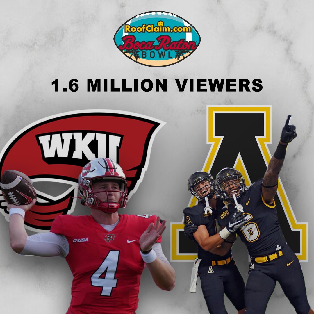 BocaBowl's tweet photo. The 2021 https://t.co/KioALf4BIF Boca Raton Bowl drew the largest audience to date of any bowl game on cable 📺

@WKUFootball x @AppState_FB https://t.co/2m5QGXnY59