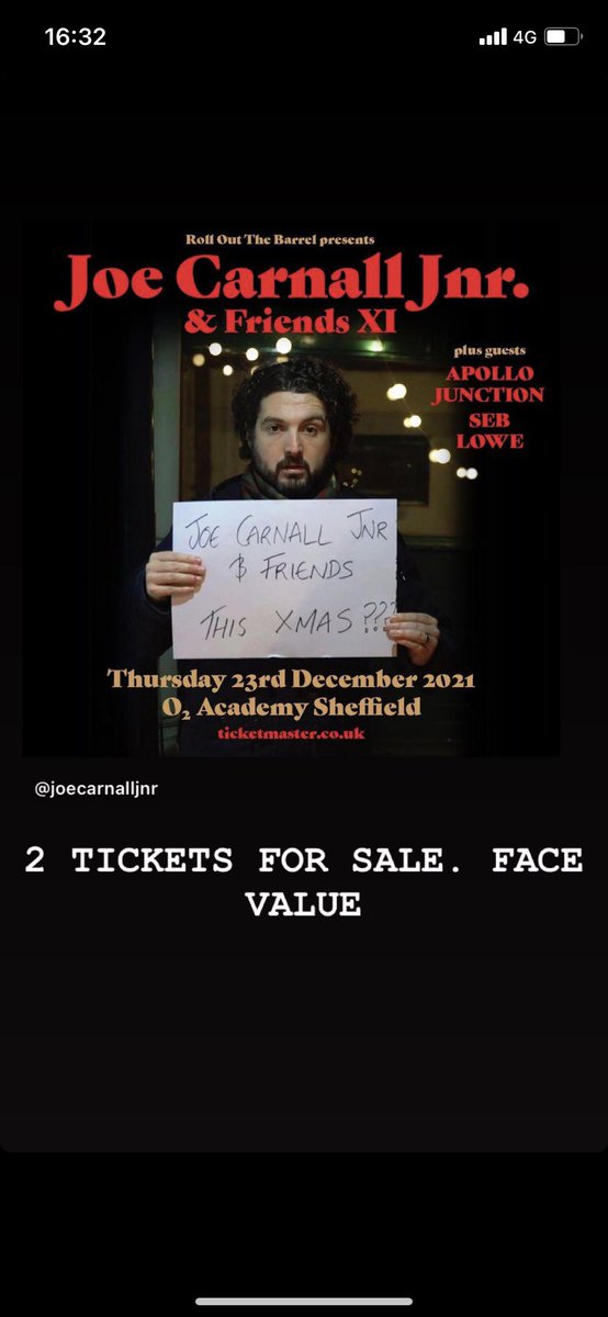 Drak3y's tweet photo. Got 2 tickets for sale @JoeCarnallJnr at the 02 academy Sheffield. Face Value, £23 each 😇 https://t.co/3BbI8OUvy8