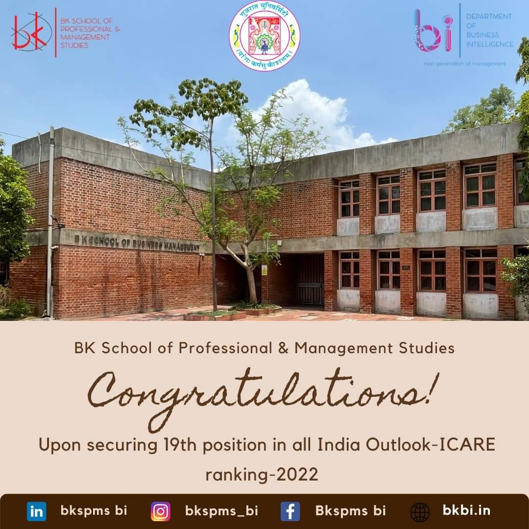 gujuni1949's tweet photo. BK School of Professional and Management Studies has achieved 19th position in all India Outlook-ICARE rankings-2022, 
Congratulations to all stakeholders...
@Outlookindia
@jitu_vaghani
@EducationGujGov 
@EduMinOfIndia https://t.co/c1ew9TpXOz