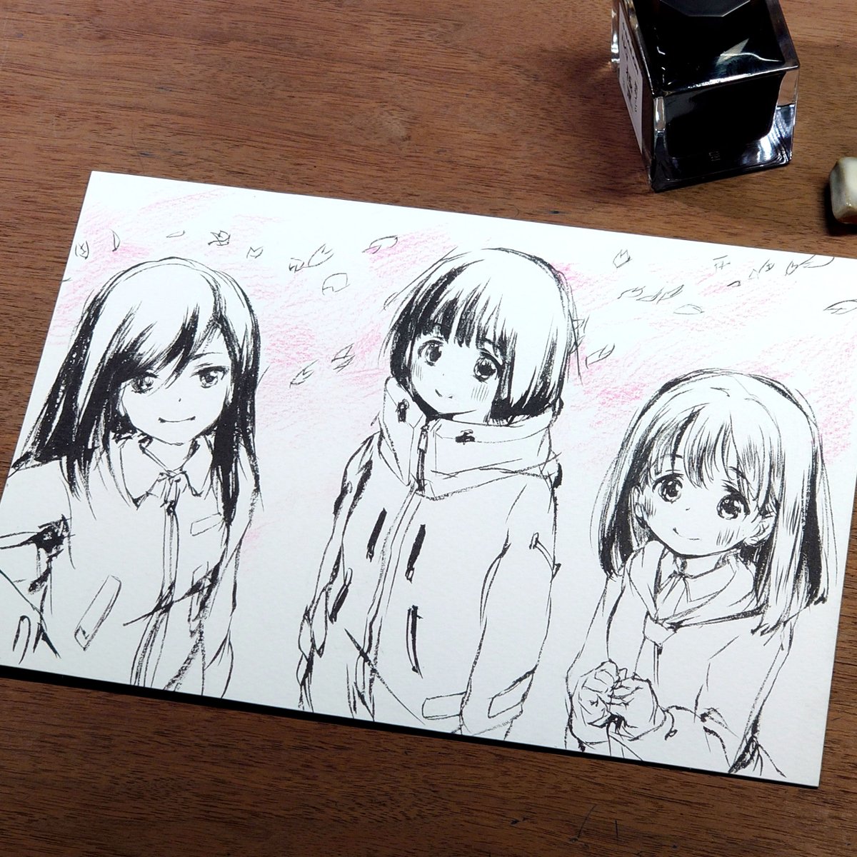 アニメ #スーパーカブ 第11話を見たあとに描いた絵。(コミケ原稿終わったけど最後話まで再掲)

最後のシーンで3人が空をみあげてるとこ。 