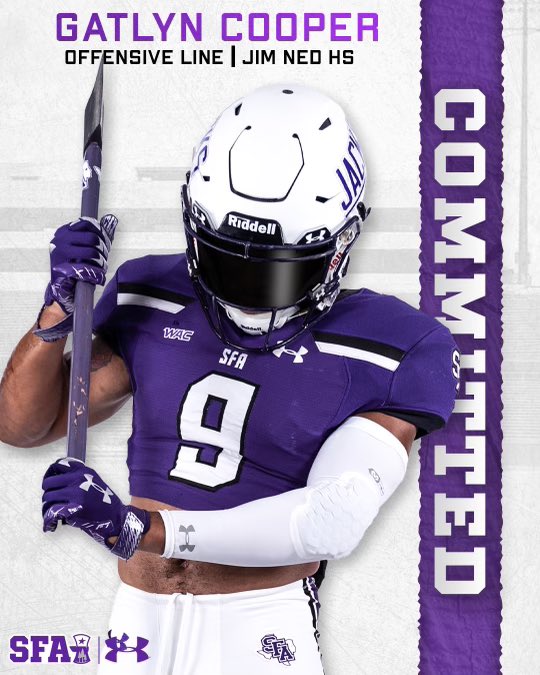 GatlynCooper's tweet photo. I’m beyond blessed with this opportunity! I’m glad to announce I’m 110% commited to Stephen F. Austin State University! Thanks to @Coach_Cass for a chance not many get! @SFA_Football AXE EM’🟣⚪️🟣⚪️ @tx_guide @football_ned @CoachKirby_JN https://t.co/t0FfVMtFJd