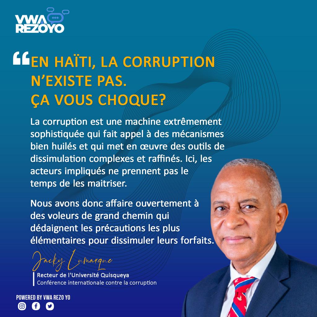 Mielovna's tweet photo. En Haïti, la corruption n’existe pas. Ça vous choque?

#JackyLumarque 
Conférence internationale contre la corruption 

#AnnKonbatKoripsyon
#VwaRezoYo 
#OnlineCampaign  
@JackyLumarque 

#UCREF 
#ULCC https://t.co/3pLu4CJ2Wr