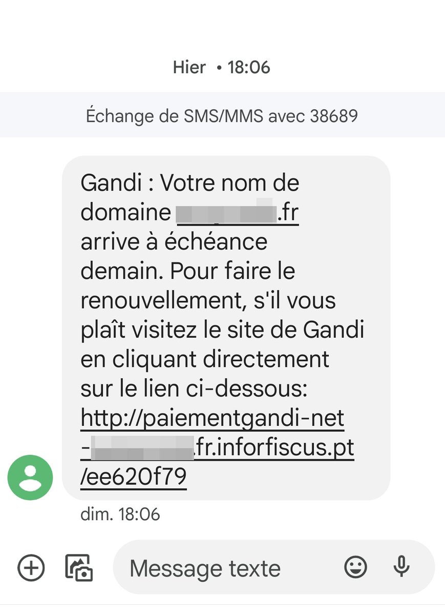 Please RT 
🚨 Alerte #phishing en cours
Ces SMS prétendant vous demander de renouveler votre nom de domaine sont des faux. Gandi ne communique pas par SMS. Merci de ne pas les prendre en considération 🙏 

#cybersecurity #hameçonnage