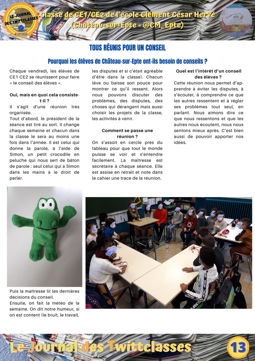 #UnArticleDuJdT
Pour cette 24e découverte, nous vous proposons de lire l'article réalisé par les élèves de CE1/CE2 de <a href="/CM_Epte/">CE2 CM1 Château sur Epte</a> (#ChâteauSurEpte) dans le Journal des TwittClasses. #JdT2022
Il parle de leur conseil d'élèves et se trouve en page 13 du journal.
Bonne lecture !