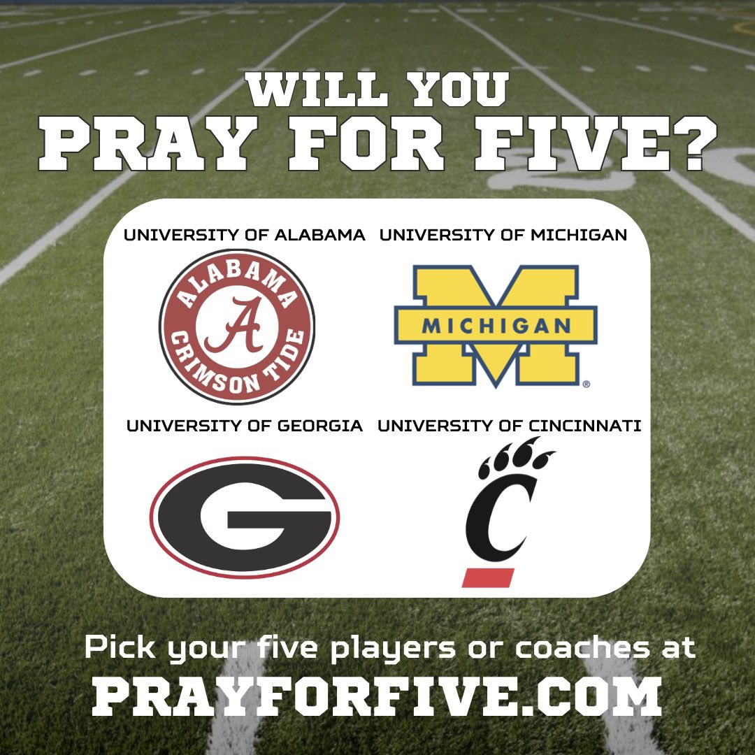 DarrinGray2020's tweet photo. Hey Prayer Warriors:
Will you help us pray for 5 or more players and coaches in #CollegeFootballPlayoffs ?
Pick your 5 at https://t.co/PSzNwTXWma
#PrayForFive
@MYLC_Cru https://t.co/Eh9QrSiZzn