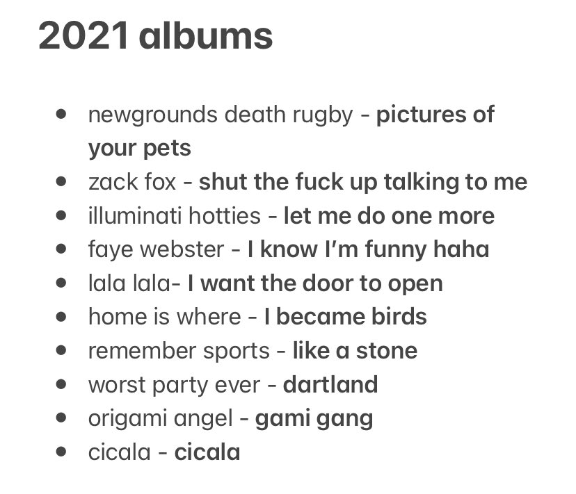 shmediumrare's tweet photo. all the BIg Names in the biz have dropped end of year lists. the dust has settled. I can finally give the people what they want: my 10 favorite albums of 2021 organized exclusively by length of artist + album name.

just stuff I was most happy to listen to and glad it exists. thx https://t.co/zPBxTPIALa