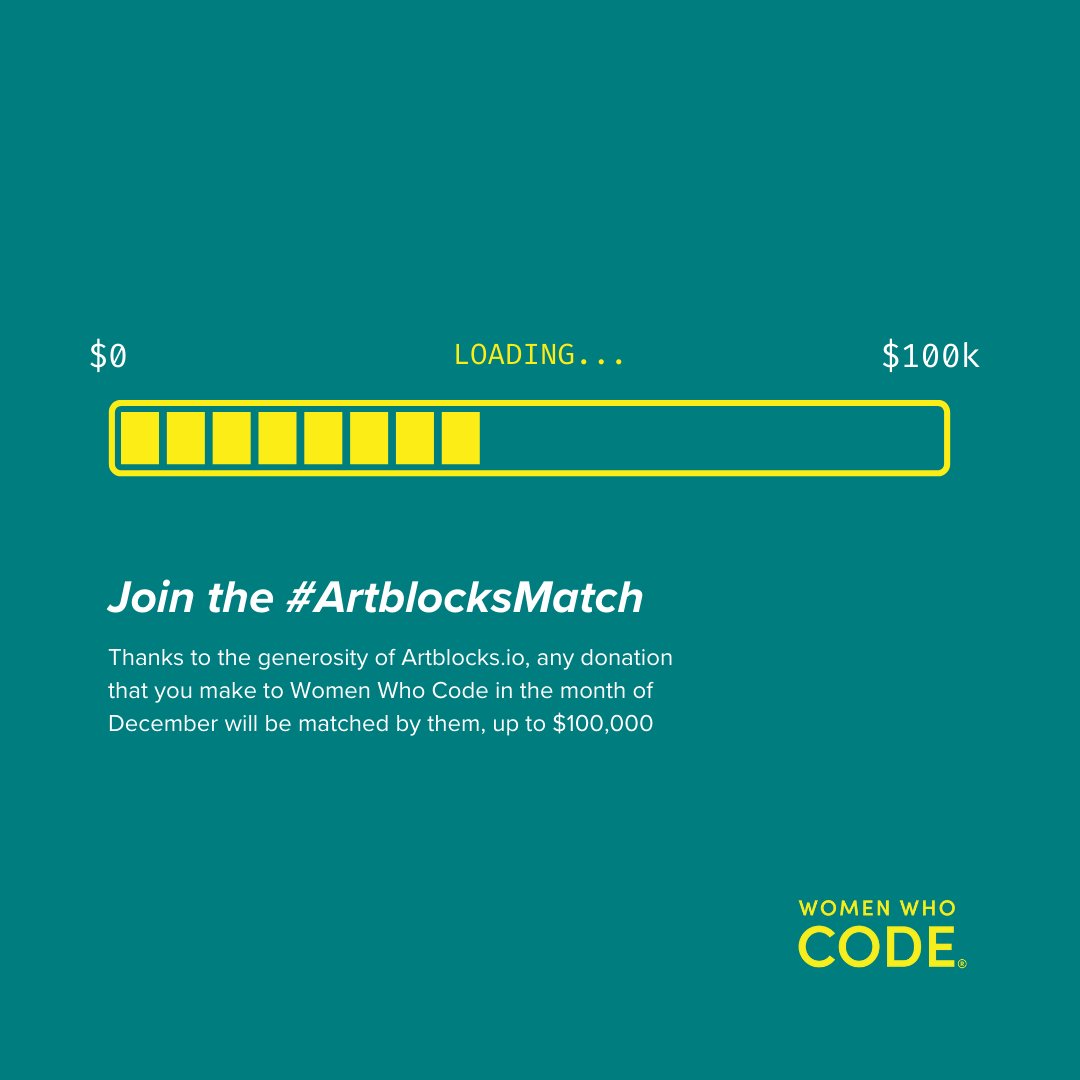 WomenWhoCode's tweet photo. Thanks to your donations to our #ArtBlocksMatch Challenge we're working toward raising an additional $100,000 to 4X donations from @ArtBlocks_io, @ssteeenn, and n-e-o before Dec 31st. 

https://t.co/7c2mx51gAg

#wwcode
#womenwhocode
#womenintech https://t.co/99kGl7jzqU