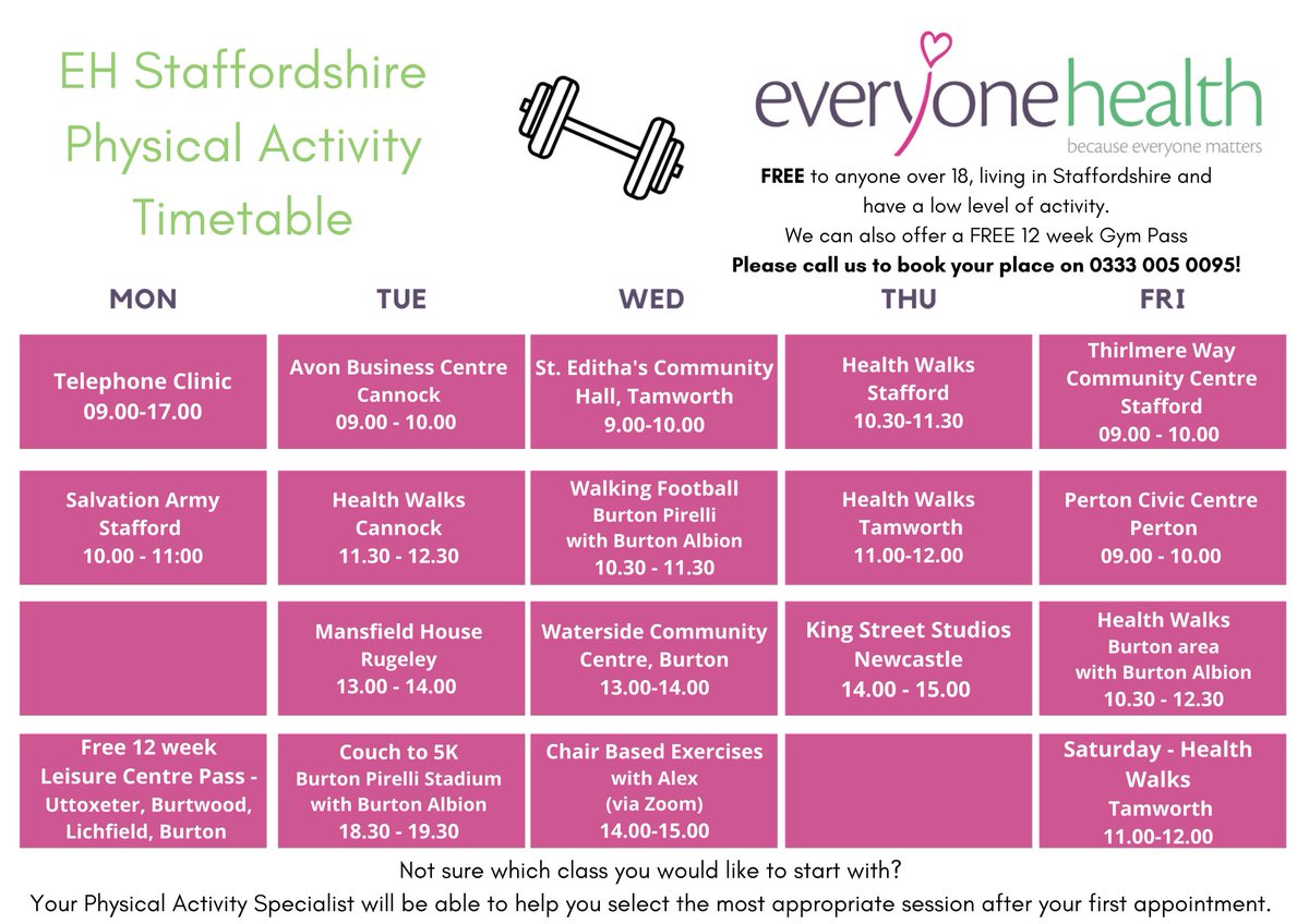 EHStaffordshire's tweet photo. We have a FREE Physical Activity service with Face to Face, Live Zoom session, telephone support &amp; YouTube videos to help you be more active!

If you're 18+ with low activity level &amp; want to increase your fitness, call 0333 005 0095!

(*restrictions may apply)
@StaffordshireCC https://t.co/dXMStV1fvD