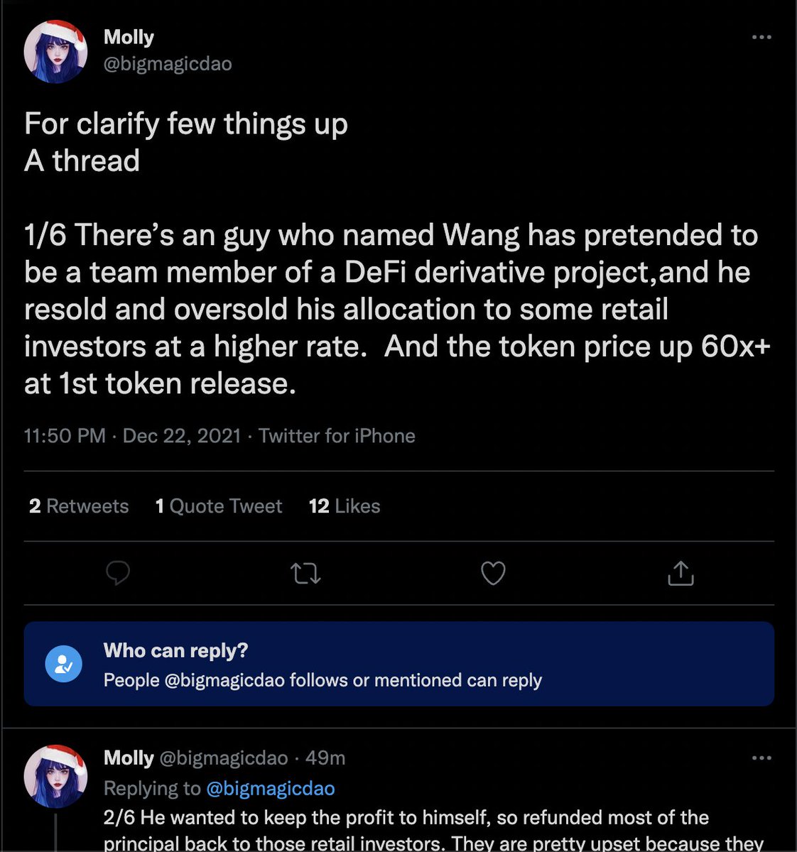 batmandao's tweet photo. Molly 开始辩解并且试图拉项目方入水，并谎称所有的录音都是人工合成的，她正在尽情展现她撒谎的能力；希望项目方迷途知返，不要卷入这场风波中。我会那么说是因为我手里有更多的猛料，昨天只是开始而已。 https://t.co/RhLA6OM1Mc