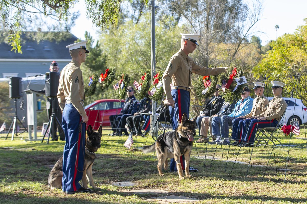 MCIWPendletonCA's tweet photo. Pendleton working dogs honor canines of the past

U.S. Marine military working dog handlers with the PMO on Camp Pendleton, wait during a wreath laying ceremony as part of Wreaths Across America at the Valley Center Cemetery in Valley Center, California, Dec. 18, 2021. https://t.co/zjsTN8pcIb