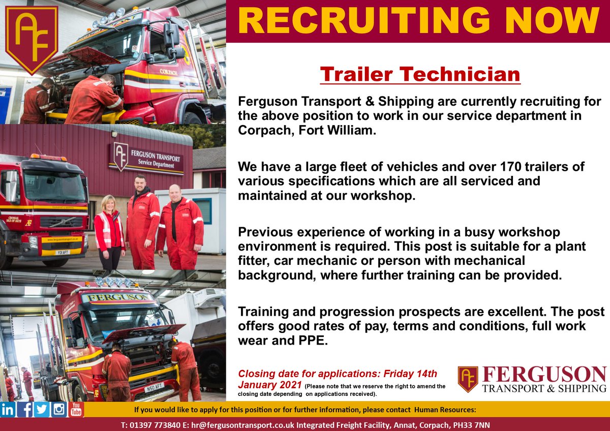 🚛 𝗝𝗼𝗶𝗻 𝗼𝘂𝗿 𝗧𝗲𝗮𝗺 🚛

We are recruiting for a Trailer Technician. This is a fantastic opportunity for someone with previous experience in similar roles.

For more info, contact HR 01397 773840 or email hr@fergusontransport.co.uk.

#hiring #mechanic #volvo #vacancies