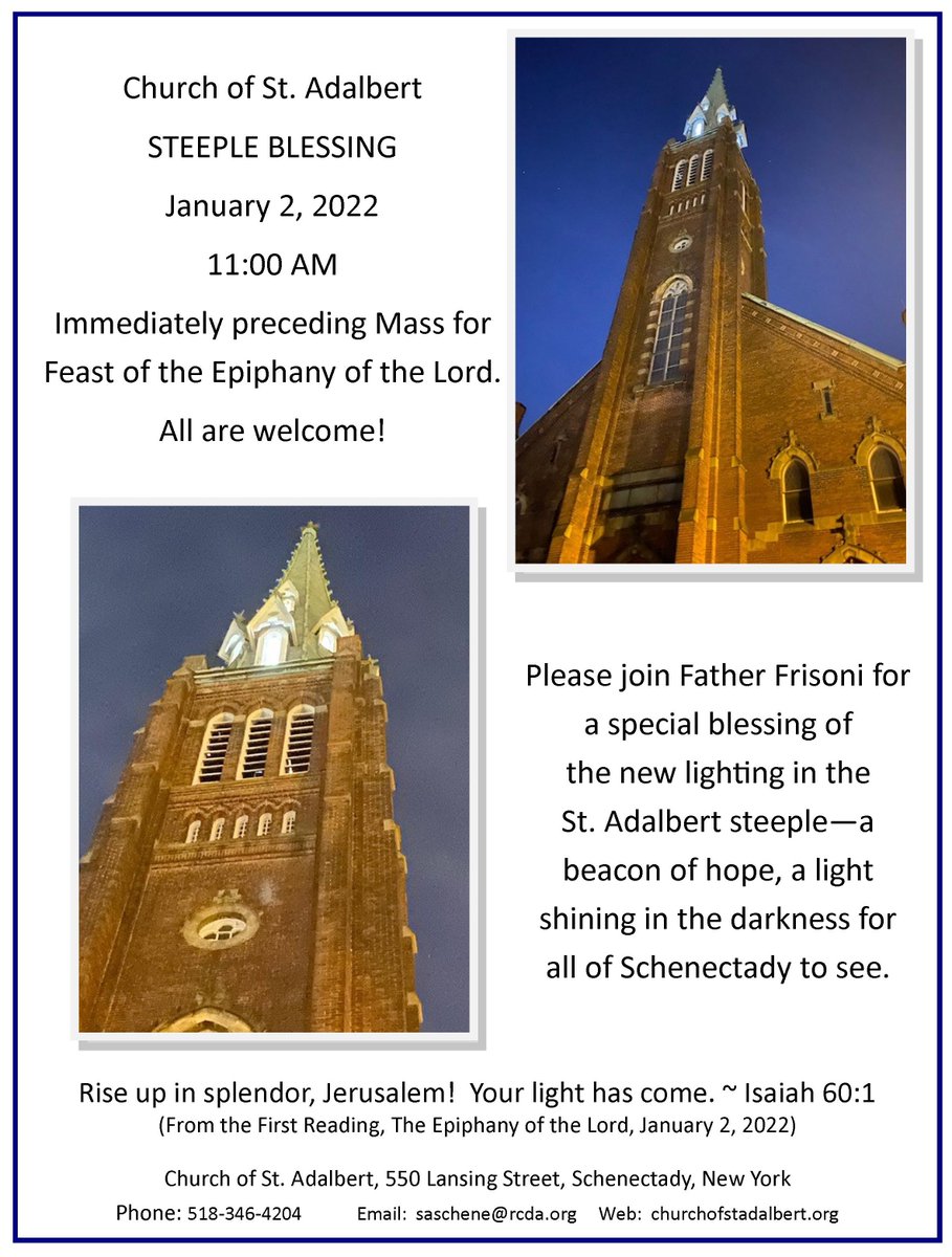 OlmcSacSpac's tweet image. After years of darkness, the St. Adalbert steeple is lit up again. Have you seen it while driving in Schenectady?  Let us know. #Christisthelight #beaconofhope #lightinthedarkness #schenectady