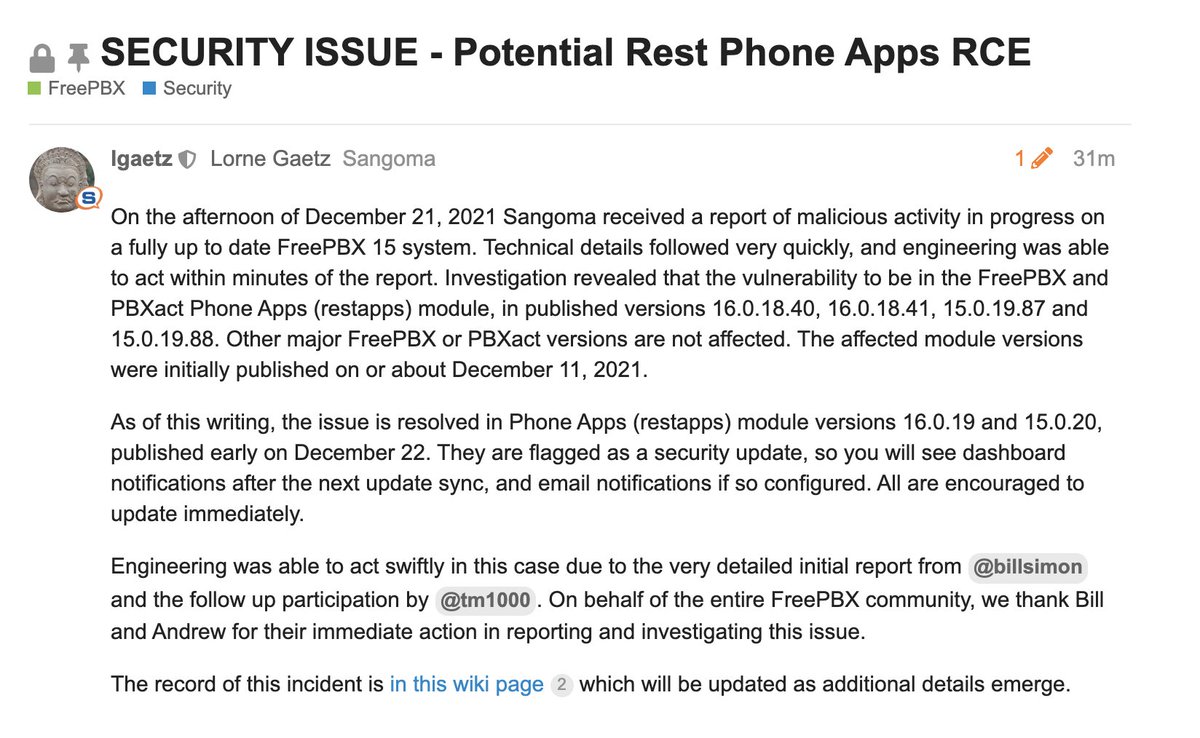 A #FreePBX 15 &amp; 16 vulnerability in Phone Apps has just been fixed. Please update your systems. Read more at community.freepbx.org/t/security-iss… <a href="/LorneGaetz/">Lorne Gaetz</a>