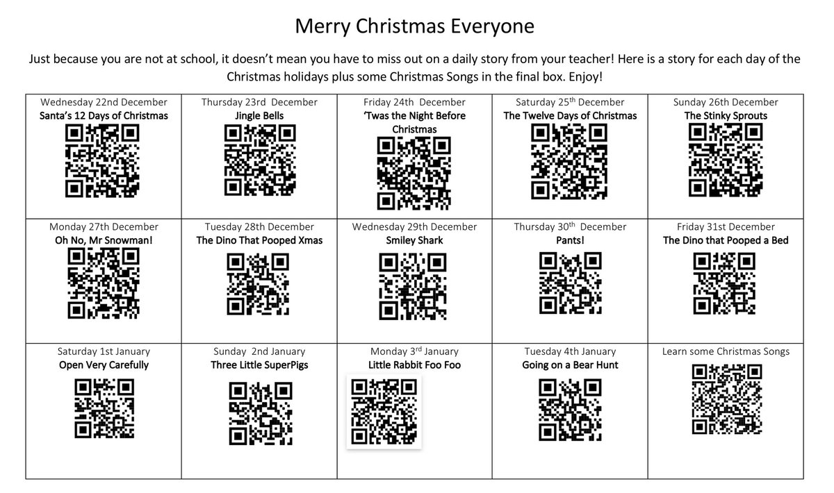 ElliePrimary1's tweet photo. A QR code story read by Mrs Jalland for each day of the Christmas holidays. Enjoy. @FMReadChallenge https://t.co/Hd6zeZhk4R