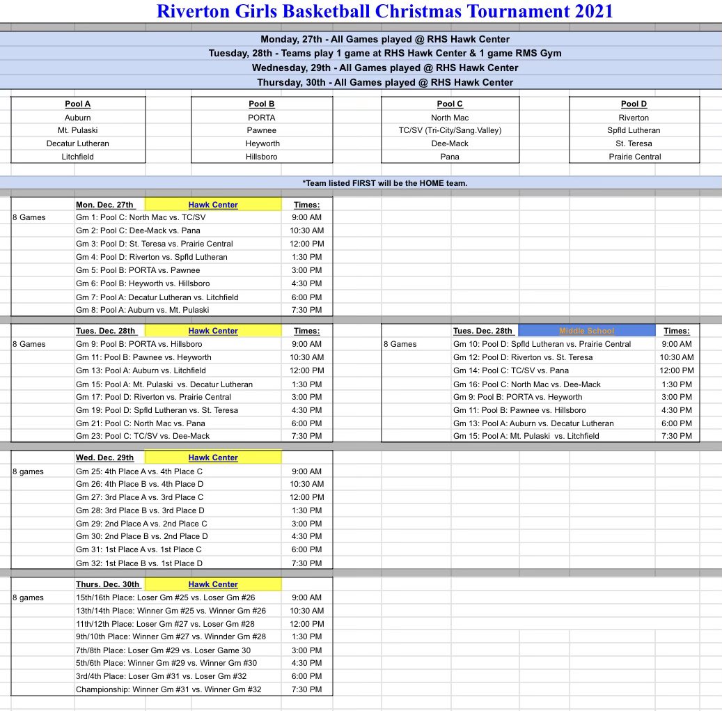 Here is the Schedule for the Lady Hawks Christmas Tournament. Dec 27th to 30th  <a href="/Channel1450com/">Channel1450.com</a> <a href="/MollyAnn1223/">Molly Hartke</a> @RivertonHawkAD