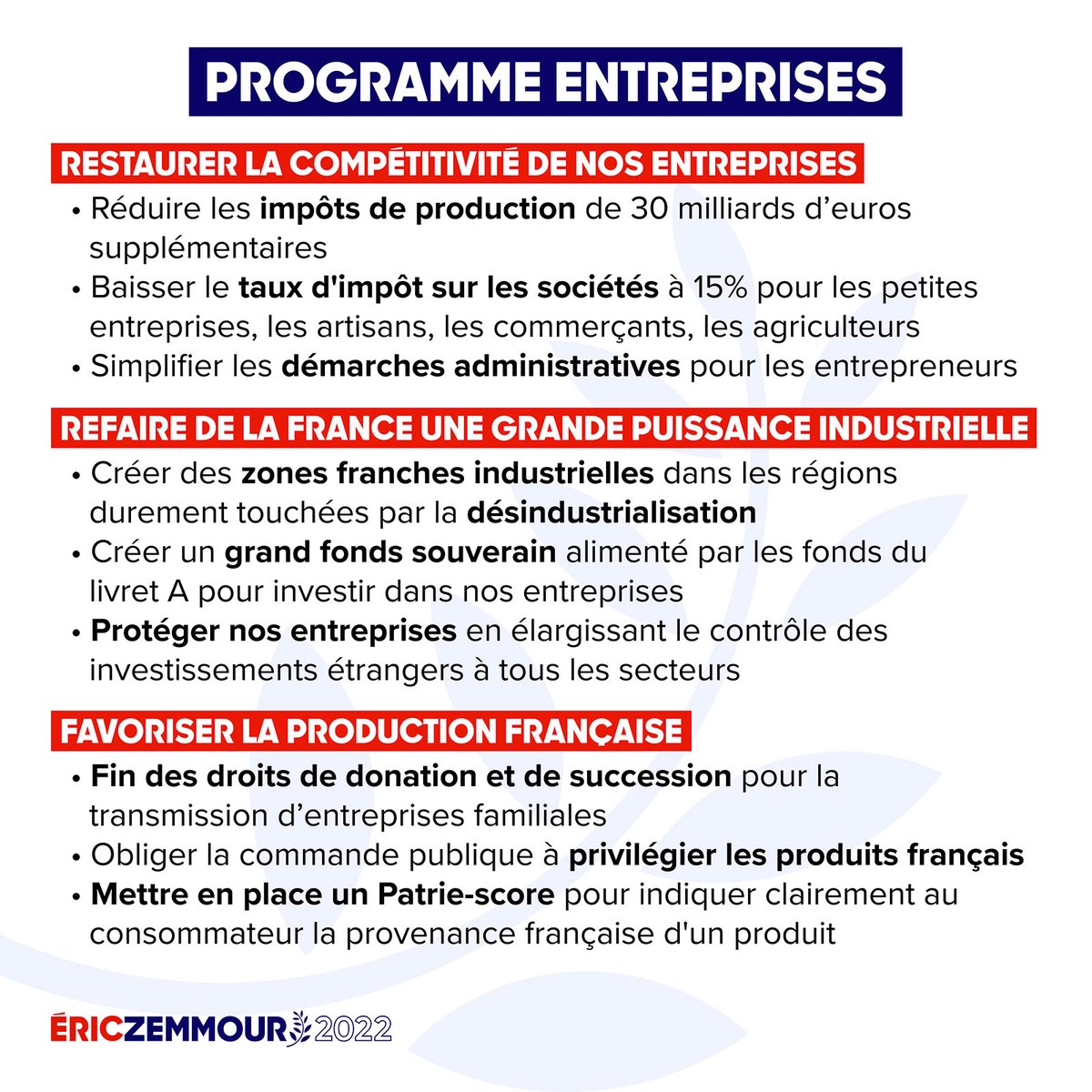 GenerationZOc's tweet photo. Programme ENTREPRISES 🇨🇵

Retrouvez le programme complet sur : https://t.co/kHjT4Ujzui

#ProgrammeZemmour https://t.co/GEYAO3onQK
