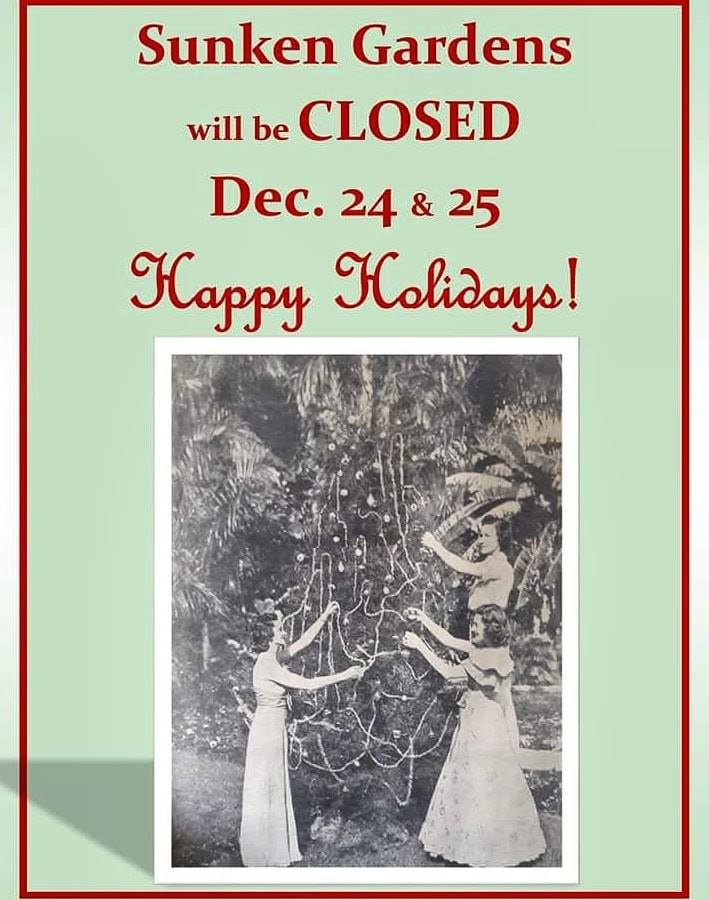 We hope to see you over the holidays! While we're closed on Christmas Eve and Christmas Day, we'll be open on New Year's Eve and New Year's Day. See you soon! 
(Pictured: Decorating the Christmas tree at Sunken Gardens in 1938. This year's tree is featured in our Oak Pavilion.)