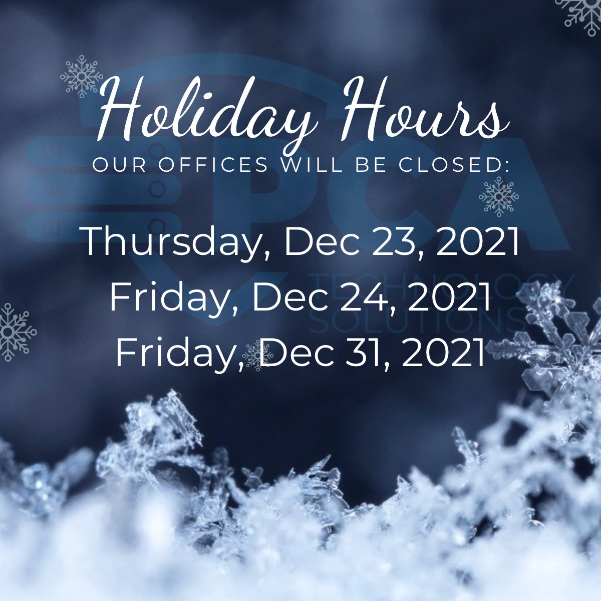 PCA_ts's tweet photo. Our offices will be closed December 23, 24, &amp; 31 to allow our teammates to observe Christmas and New Years to the fullest. 

We will have staff on-call for emergencies only during this time. 

#TisTheSeason #HolidayHours #Celebration #WorldClassIT #PCAKnowsIT #Christmas2021 https://t.co/wAH1MQLr5W