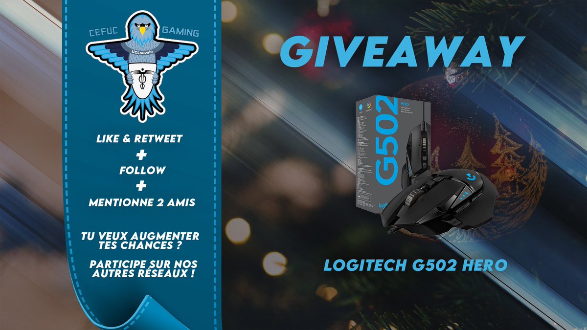 Cefuc_Esports's tweet photo. Bonjour à tous 🤗🎄
Cefuc Gaming organise un give-away de Noël 🎅
Quoi? Une souris Logitech🐁
Comment la gagner? Toutes les infos sont sur l’image en dessous 👇
Cefuc Gaming vous souhaite de bonnes fêtes 🥳🔵⚪️

#esport #gaming #logitech #concours #jeu #souris #jouer #giveaway https://t.co/ag9lffqE5S