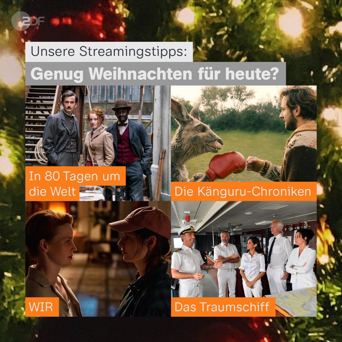 ZDF's tweet photo. Gibt es einen Film oder eine Serie, die ihr jedes Jahr an Weihnachten schaut? 🎄📺

Falls ihr noch ein paar Streamingtipps für nach der Bescherung sucht: Wir haben da mal ein bisschen was für euch zusammengestellt. Alle Tipps findet ihr natürlich in der ZDFmediathek. https://t.co/g2YnrBeSWr