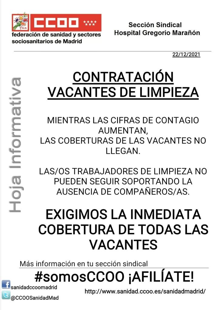 🚨 <a href="/eruizescudero/">Enrique Ruiz Escudero</a> Profesionales de limpieza del Hospital General Universitario Gregorio Marañón no aguantan más!!!

➡️ Exigimos la inmediata cobertura de todas las vacantes #CCOOSeMueve vía <a href="/ccoohgugm/">CCOO MARAÑÓN</a> <a href="/fssccoo/">FSS-CCOO</a> <a href="/CCOOMadrid/">CCOO de Madrid</a>