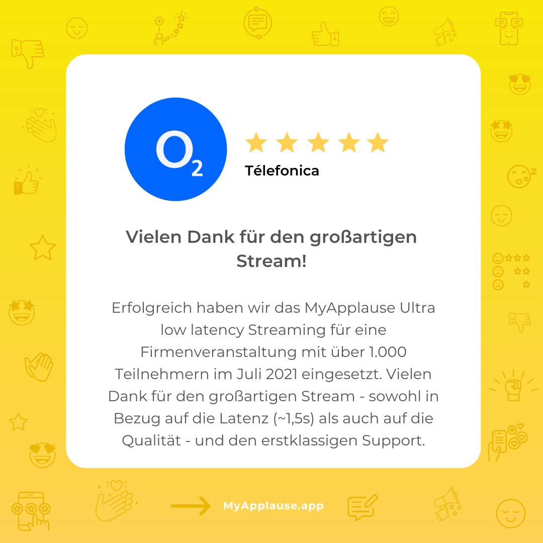 MyapplauseApp's tweet photo. Eines der schönsten Testimonials des Jahres kommt von @telefonica_de , mit denen wir unser ultra low-latency Streaming nutzen konnten. Vielen Dank für dieses großartige Erlebnis! https://t.co/aEDpwFGhNG
