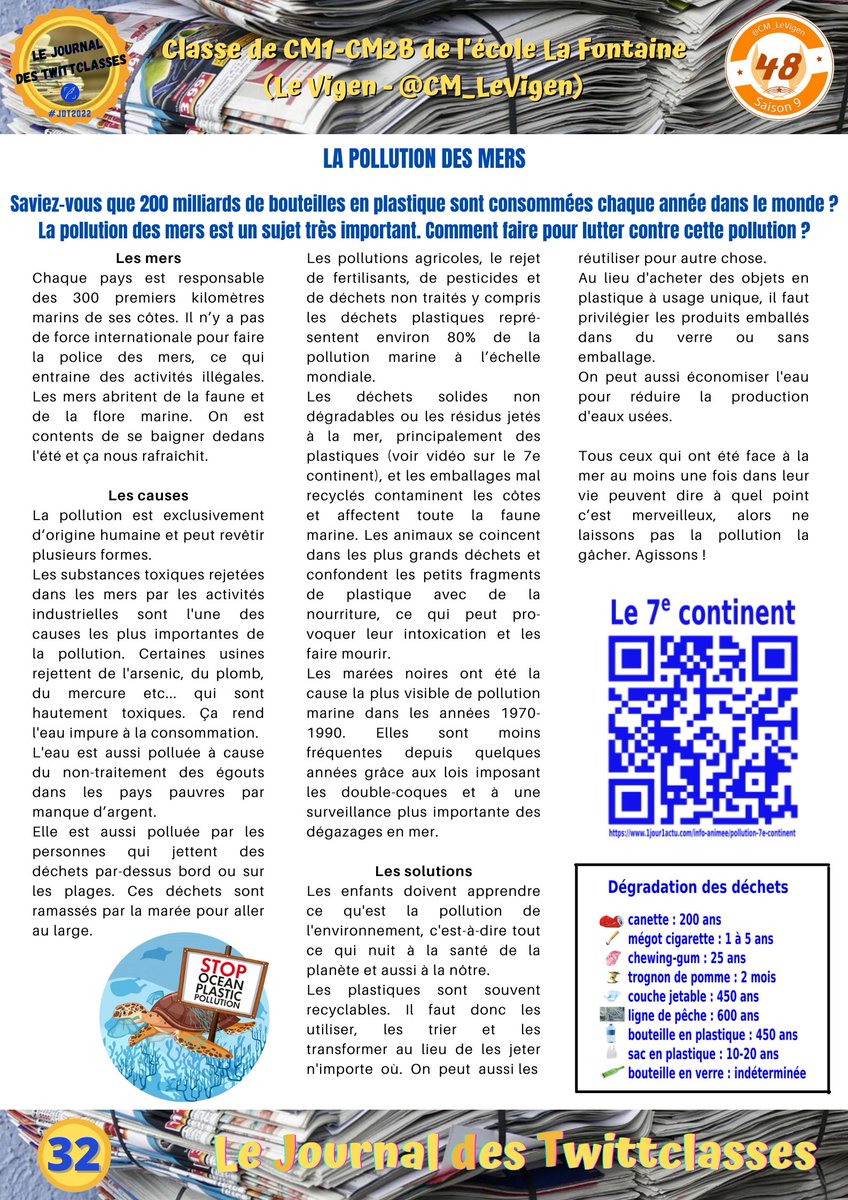 JdTwittclasses's tweet photo. #UnArticleDuJdT
Pour cette 33e découverte, nous vous proposons de lire l'article réalisé par les élèves de CM1/CM2 de @CM_LeVigen (#LeVigen) dans le Journal des TwittClasses. #JdT2022
Il parle de la pollution de mers et se trouve en page 32 du journal.
Bonne lecture ! https://t.co/bg1xkgwOdE