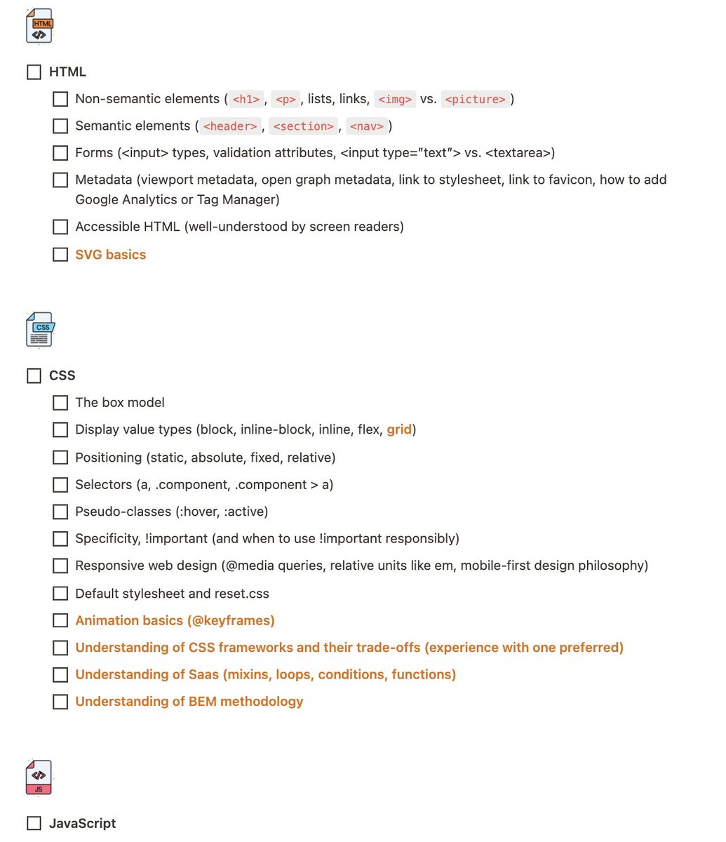 Here it is 🎉!

A comprehensive (and ambitious 🥵) JUNIOR Web Developer checklist

Years of experience is too vague to measure skill.

I hope this template I made with @Scrimba gives your SPECIFIC ideas about what to learn next 🌱!

different-marmoset-f7b.notion.site/Junior-Web-Dev…
