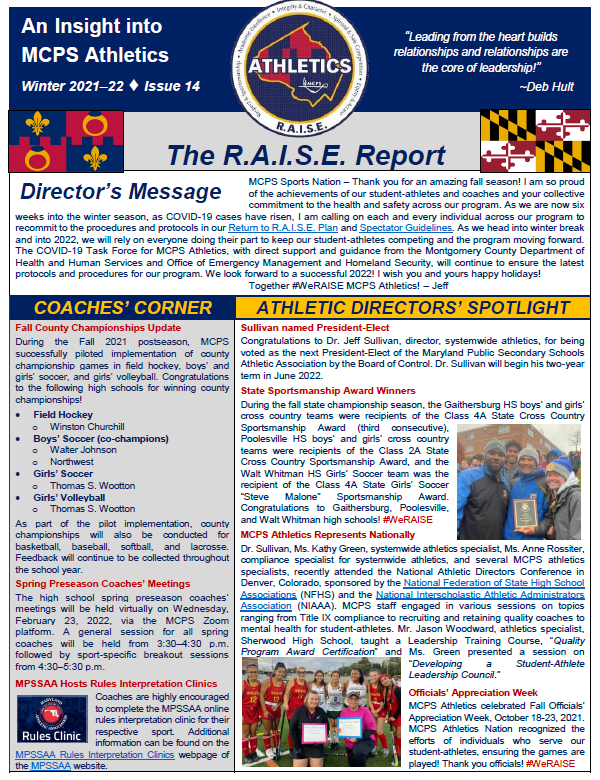 MCPSAthletics's tweet photo. Hot 🔥🔥Off the Press is the 14th Edition of The R.A.I.S.E. Report - just in time for winter ❄️❄️ break reading! Enjoy! https://t.co/FfgEd7SnJx @mcpsAD @mcps @mcpsvolunteers https://t.co/06uMxZsvil